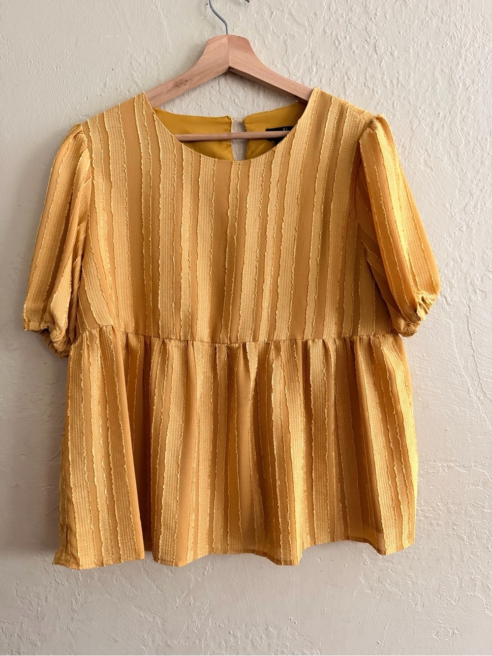 Textured Yellow Peplum Blouse with Puff Sleeves